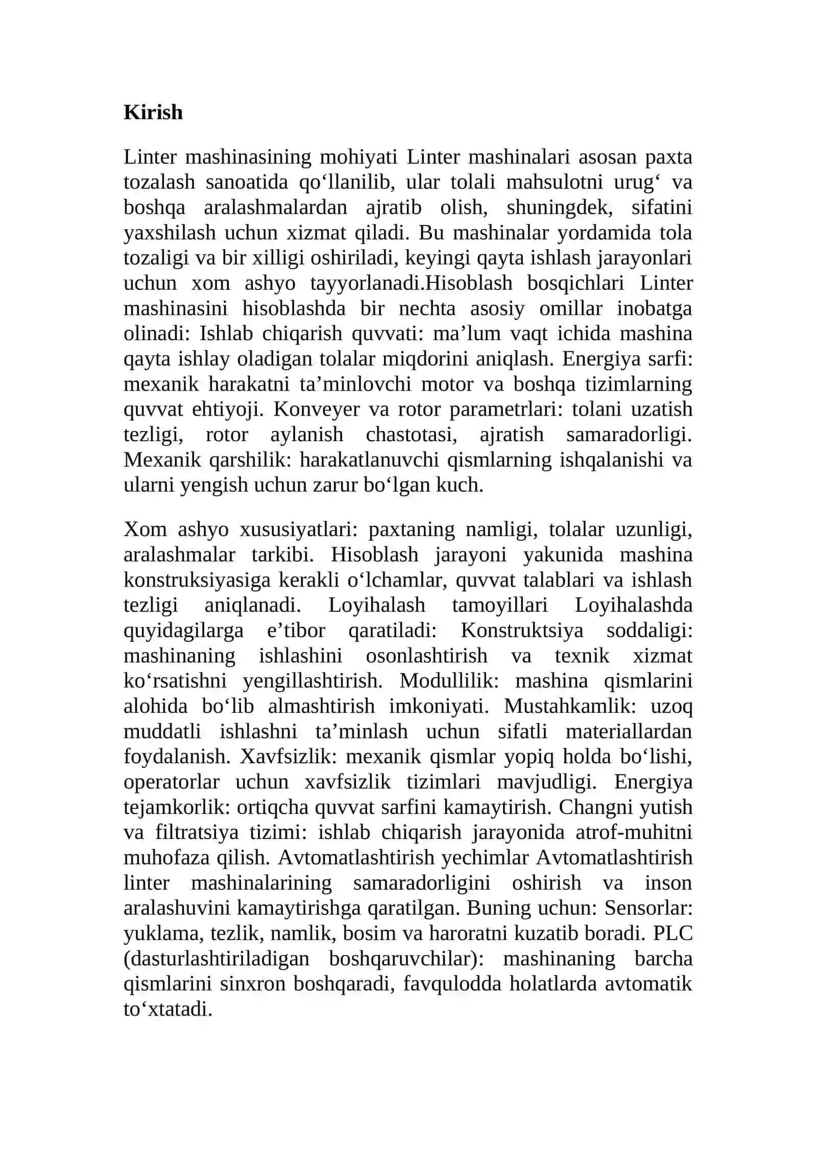Linter mashinalarini hisoblash, loyihalash va avtomatlashtirish 2