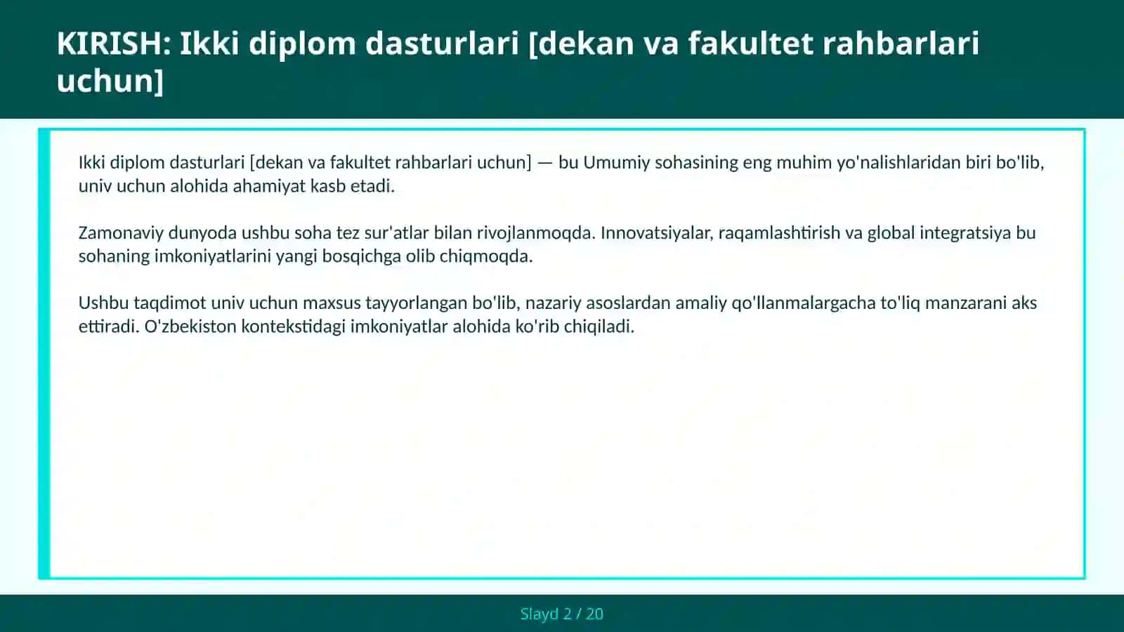 Ikki diplom dasturlari [dekan va fakultet rahbarlari uchun] 2