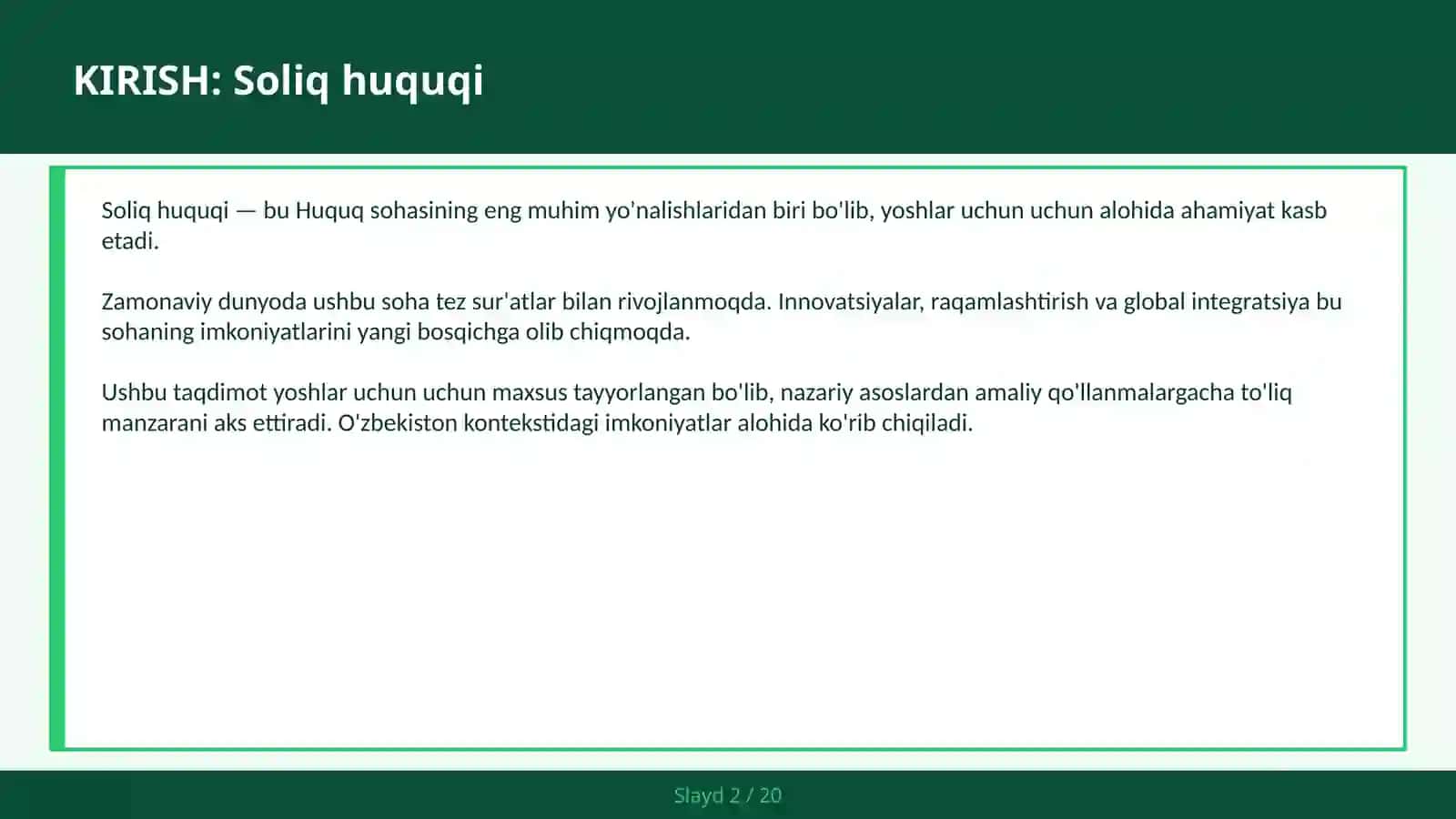 Soliq huquqi yoshlar uchun 2