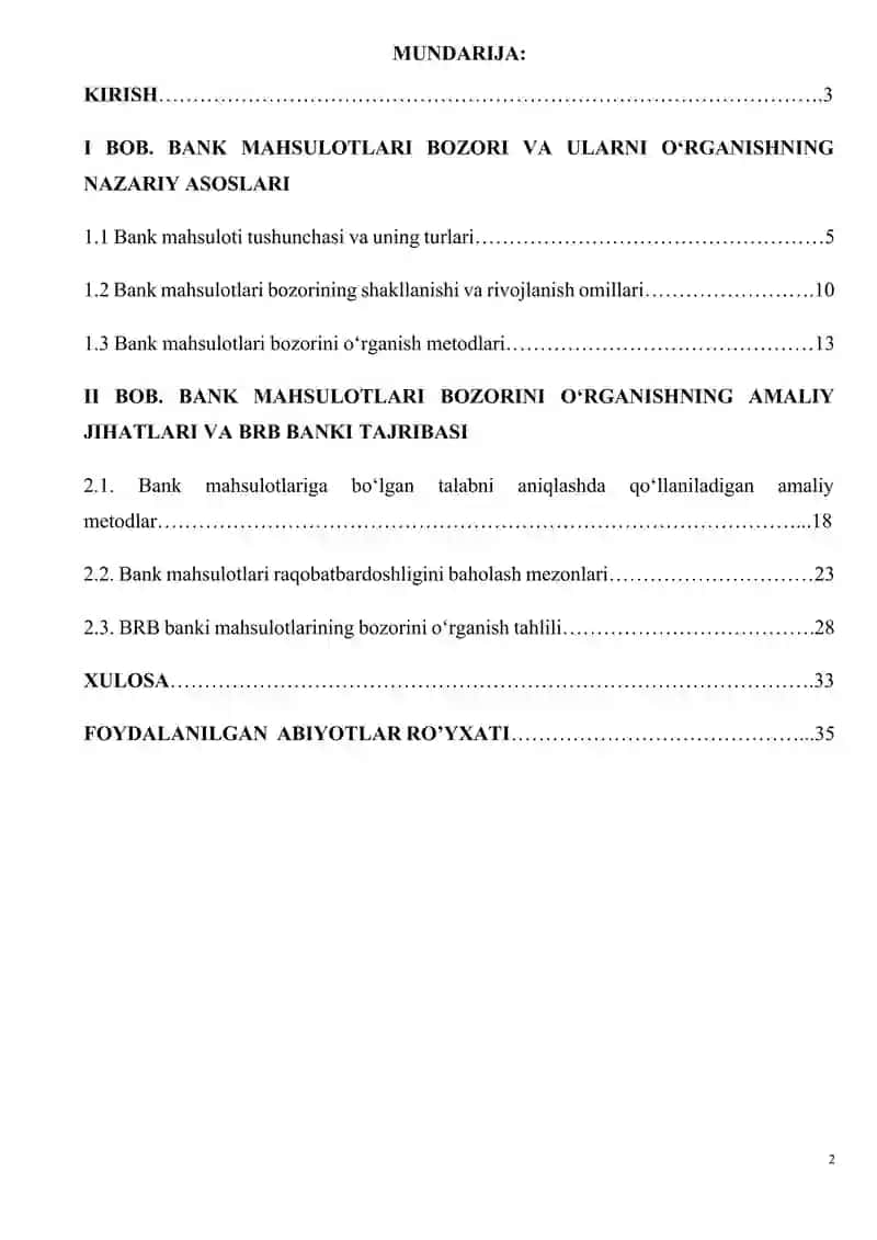 Bank Mahsulotlari Bozori va Ularni O‘rganishning Nazariy Asoslari.BRB bankining iste'mol krediti bo'yicha.BANK MAHSULOTLARI BOZORI VA ULARNI O‘RGANISHNING NAZARIY ASOSLARI raqobatchilar 2