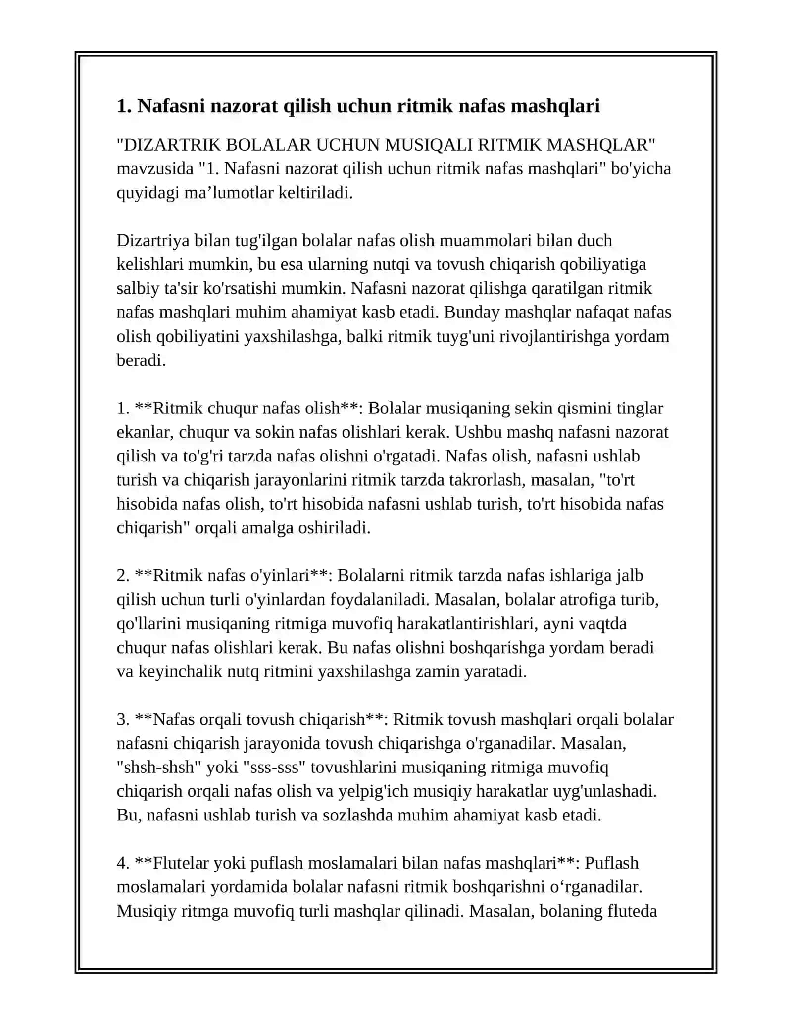 DIZARTRIK BOLALAR UCHUN MUSIQALI RITMIK MASHQLAR 2
