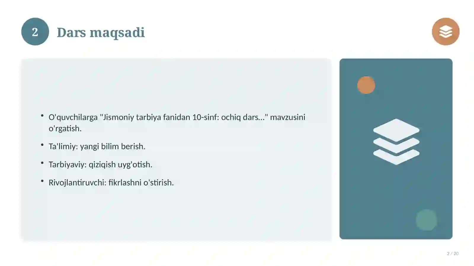 Jismoniy tarbiya fanidan 10-sinf: ochiq dars ishlanmasi 2
