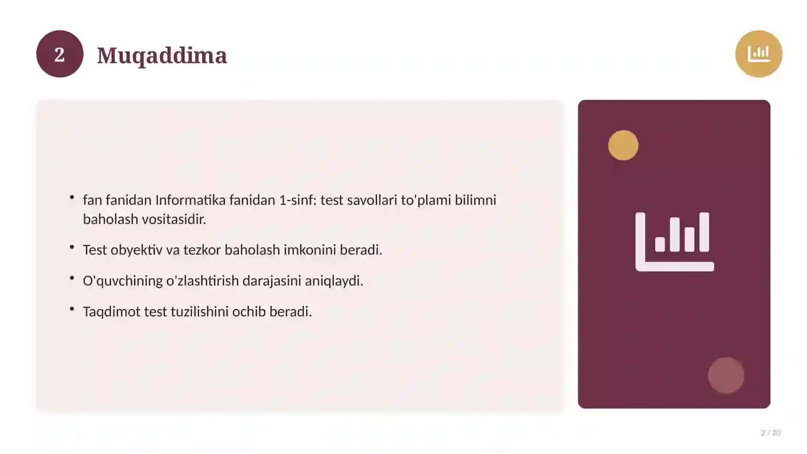 Informatika fanidan 1-sinf: test savollari to'plami 2