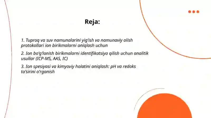 tuproq suvning ifloslanishida ion boģlanish birikmalarini aniqlab ulardan tozalash ģoyasini ishlab chiqish 2