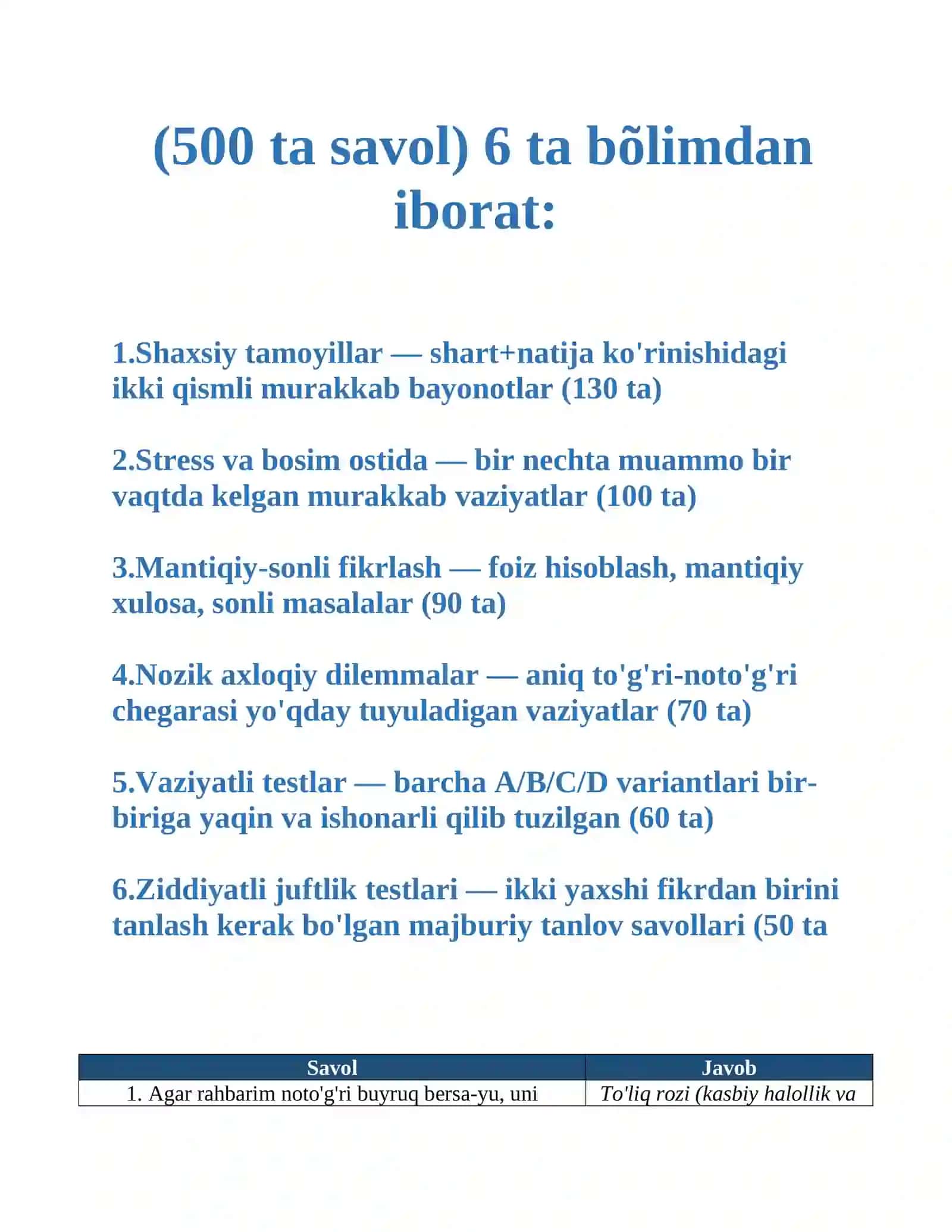 Bojxonaga ishga kirish uchun psixologik test javoblari 2026 2