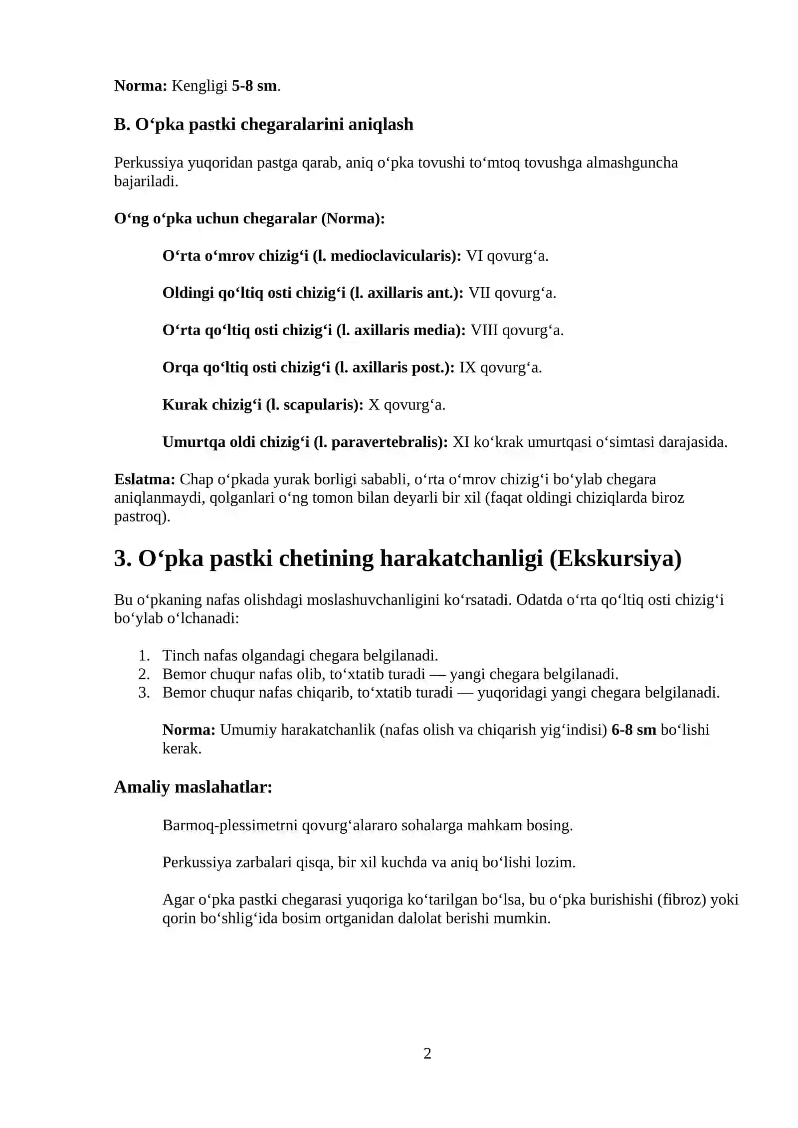 O‘pka perkussiyasi (O‘pkani pastki uchi,qiyosiy va topografik perkussiya,Krening maydoni) o’tkazish texnikasi 2