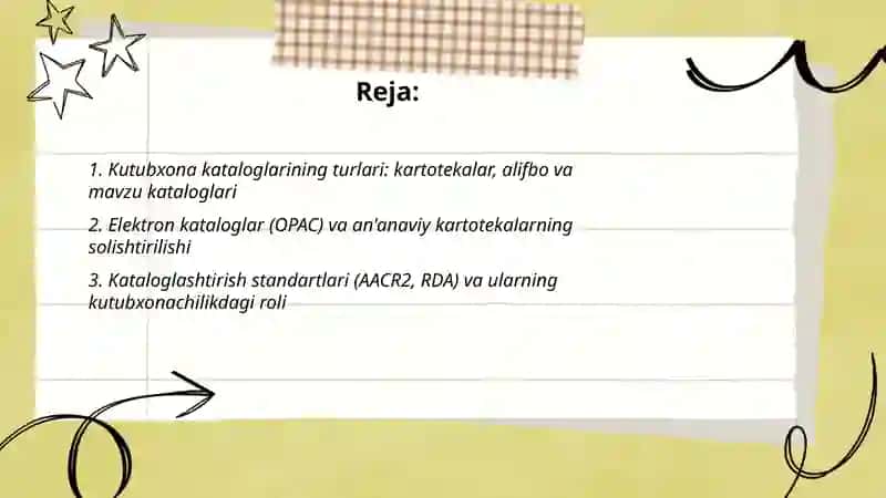 Kutubxona kataloglarining turlari, ahamiyati va kutubxonachilik ishida tutgan o'rnini tahlil qilish 2