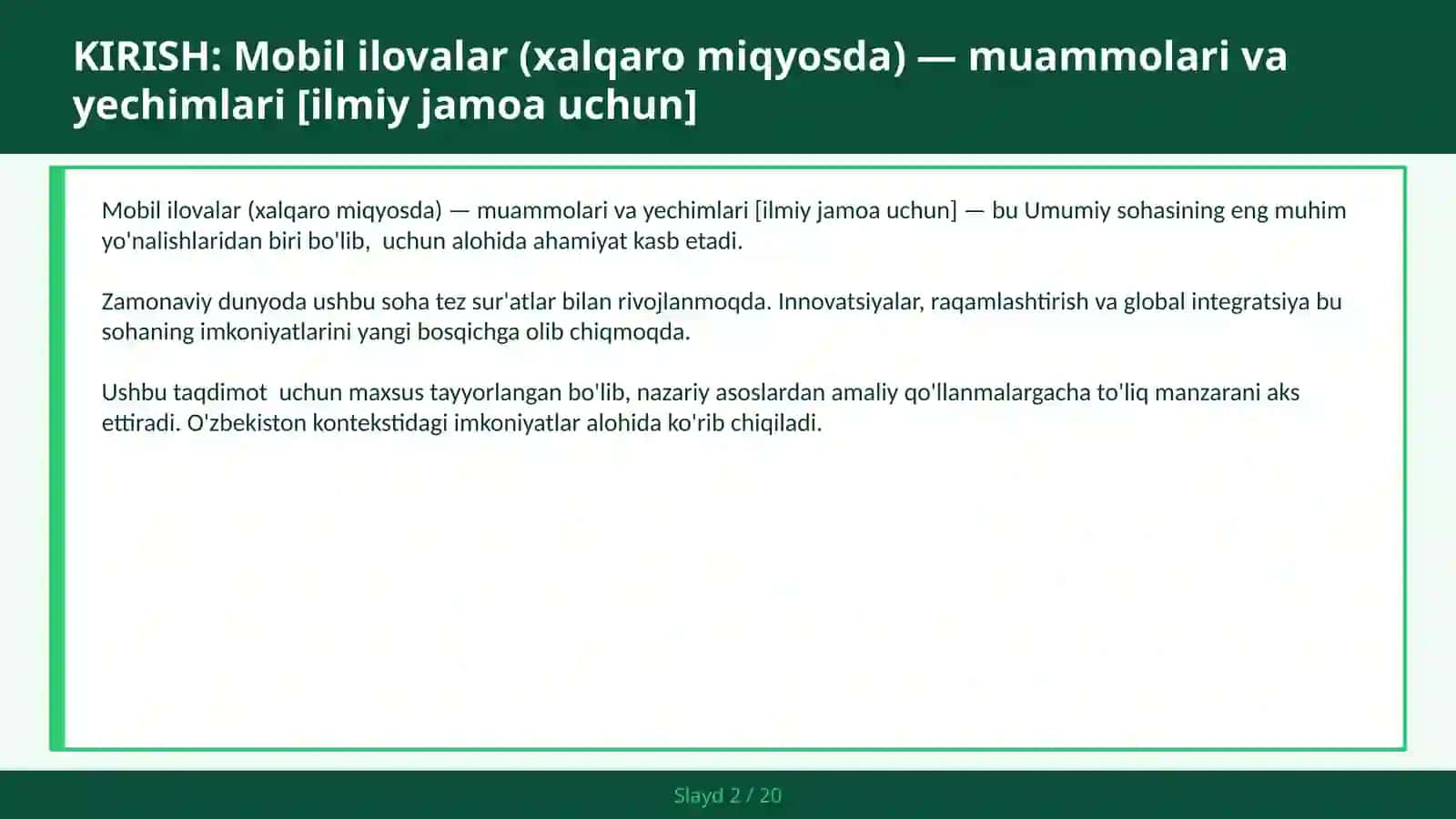 MOBIL ILOVALAR (XALQARO MIQYOSDA) — MUAMMOLARI VA YECHIMLARI [ILMIY JAMOA UCHUN] 2