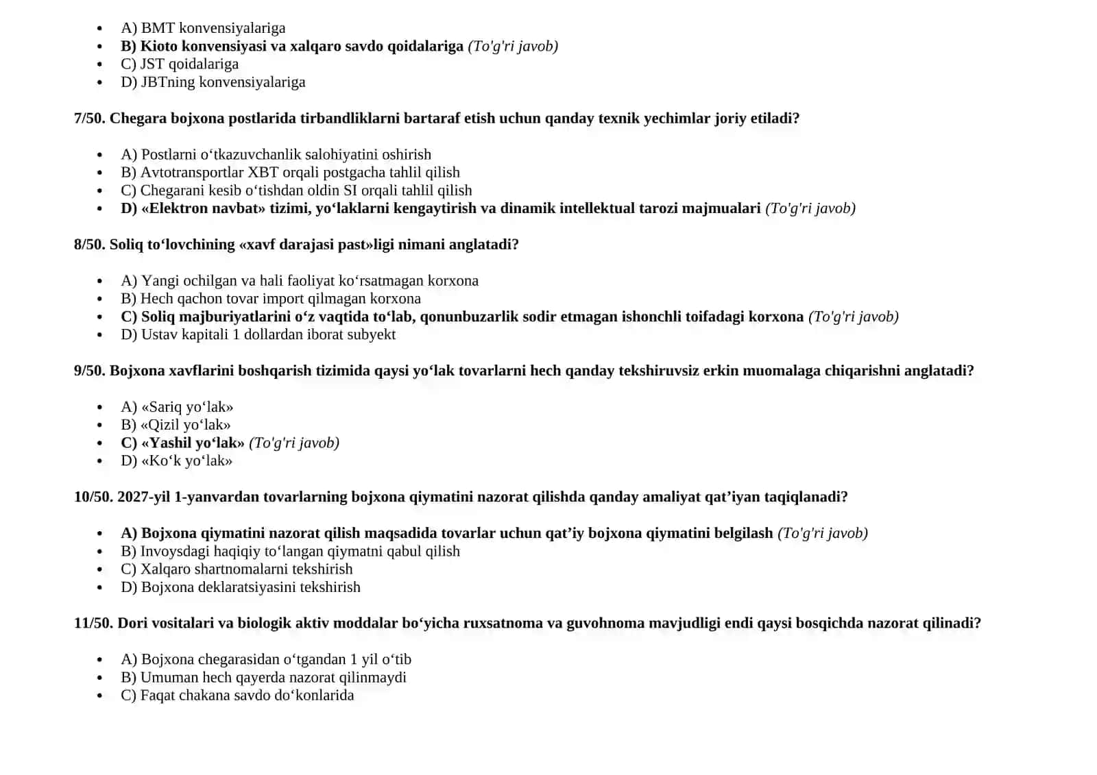 Bojxona testlari javoblari bilan (1–50) 2