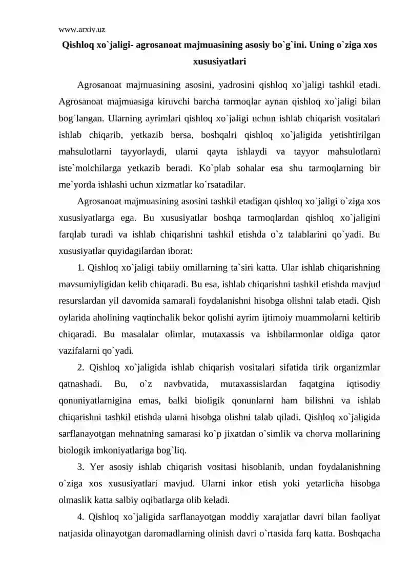 Qishloq xo`jaligi- agrosanoat majmuasining asosiy bo`g`i 2