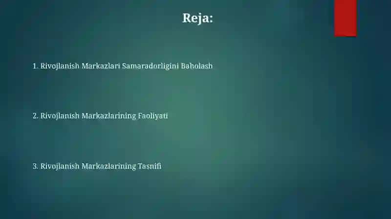 Rivojlantiruvchi markazlar tasnifi, rivojlantiruvchi markazlar faoliyati 2