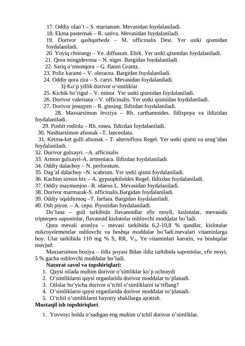 O'Tchil hayotiy shaklida ega bo'lgan shifobaxsh o'simliklar va o'simlik organlarida dorivor moddalar tanishtirish 2