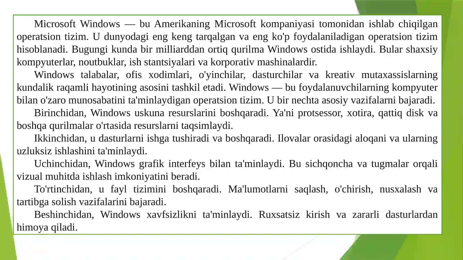 WINDOWS OPERATSION TIZIMI 2