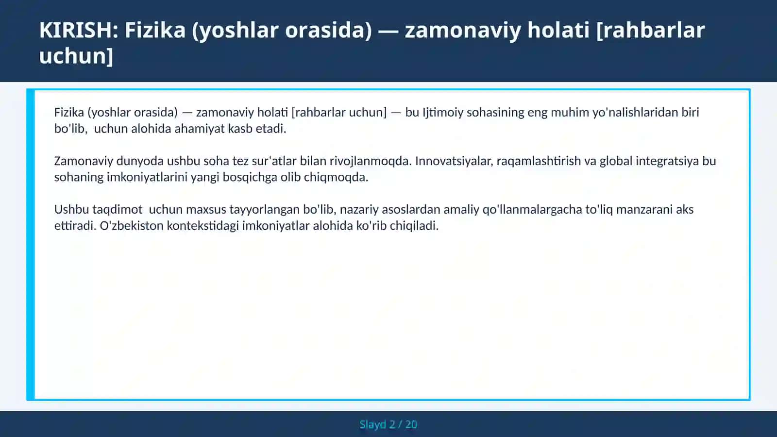 Fizika (yoshlar orasida) — zamonaviy holati [rahbarlar uchun] 2