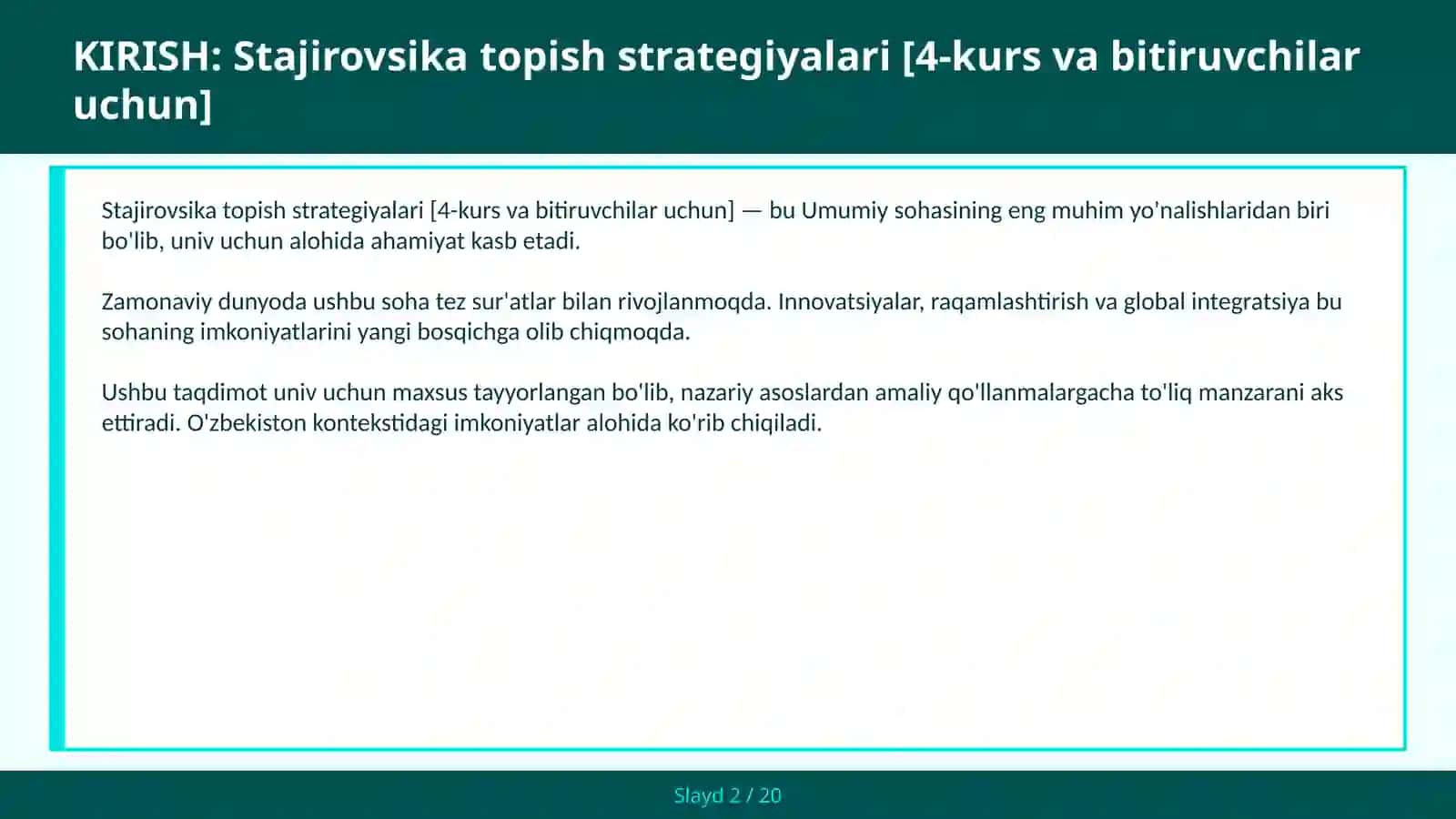 Stajirovsiika topish strategiyalari [4-kurs va bitiruvchilar uchun] 2