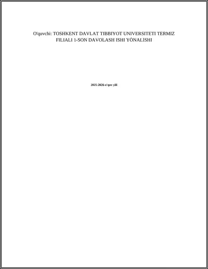 BOLALAR KASALLIKLARI PROPEDEVTIKASI FANIGA KIRISH.KASALLIK TARIXI BILAN TANISHISH.KASALLIK VA HAYOTIY ANAMNEZI YIĢISH(SHOSHILINCH BAHOLASH TUSHUNCHASI,ANAMNEZ YIĢISH,SOĢLOM VA BEMOR BOLANI OB'EKTIV TEKSHIRISH.) BEMORNI MUSTAQIL SÒRAB SURISHTIRISH. BEMOR BOLA XOLATI OĢIRLIK DARAJASINI BAHOLASHNING KLINIK ME'ZONLARI. BEMOR BOLANI UMUMIY KÒZDAN KECHIRISH (BEMORNING UMUMIY AHVOLI, ES-XUSHI,HOLATI,TANA TUZILISHI) 2