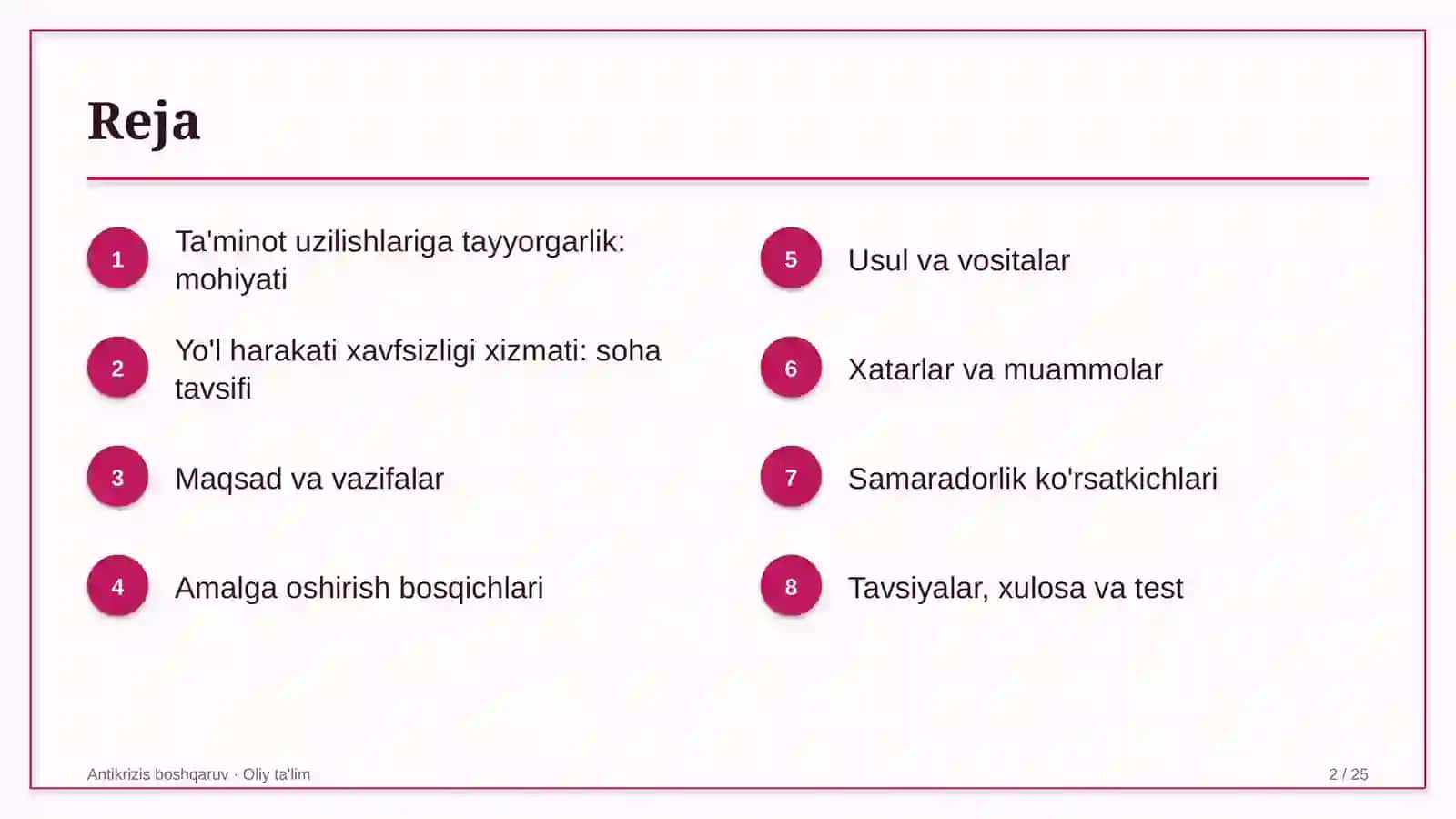 Yo'l harakati xavfsizligi xizmatida ta'minot uzilishlariga tayyorgarlikni ta'minlash 2
