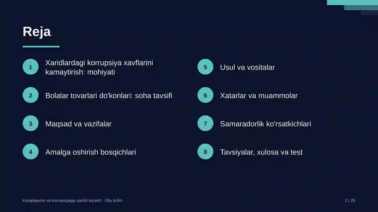 Komplayens va korrupsiyaga qarshi kurash · Oliy ta'lim 2