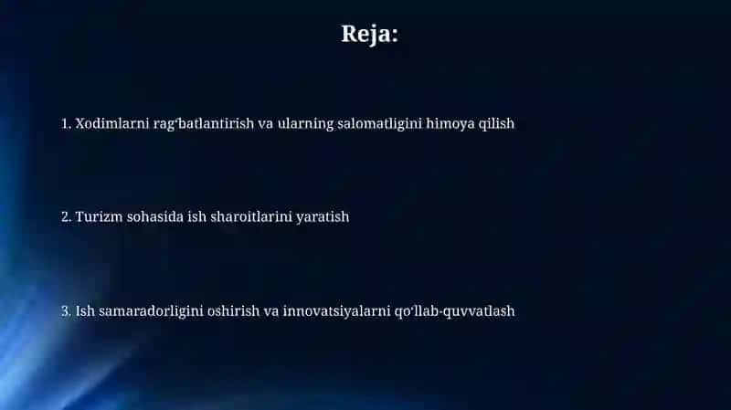 Turizm sohasida xodimlar uchun shart sharoitlar yaratish 2
