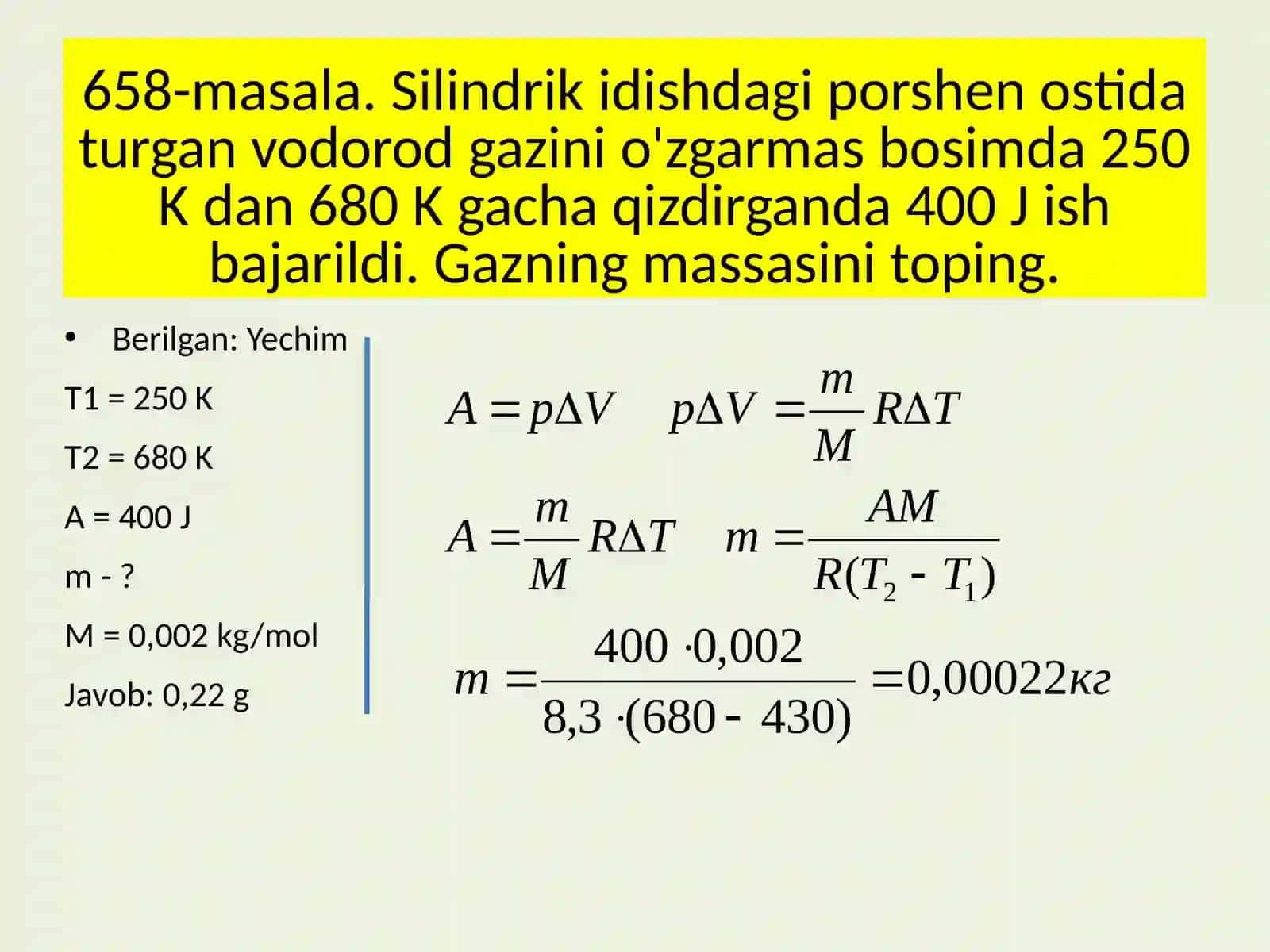 Fizika - Issiqlik miqdori va porshenli gaz masalalari (10-sinf) 2