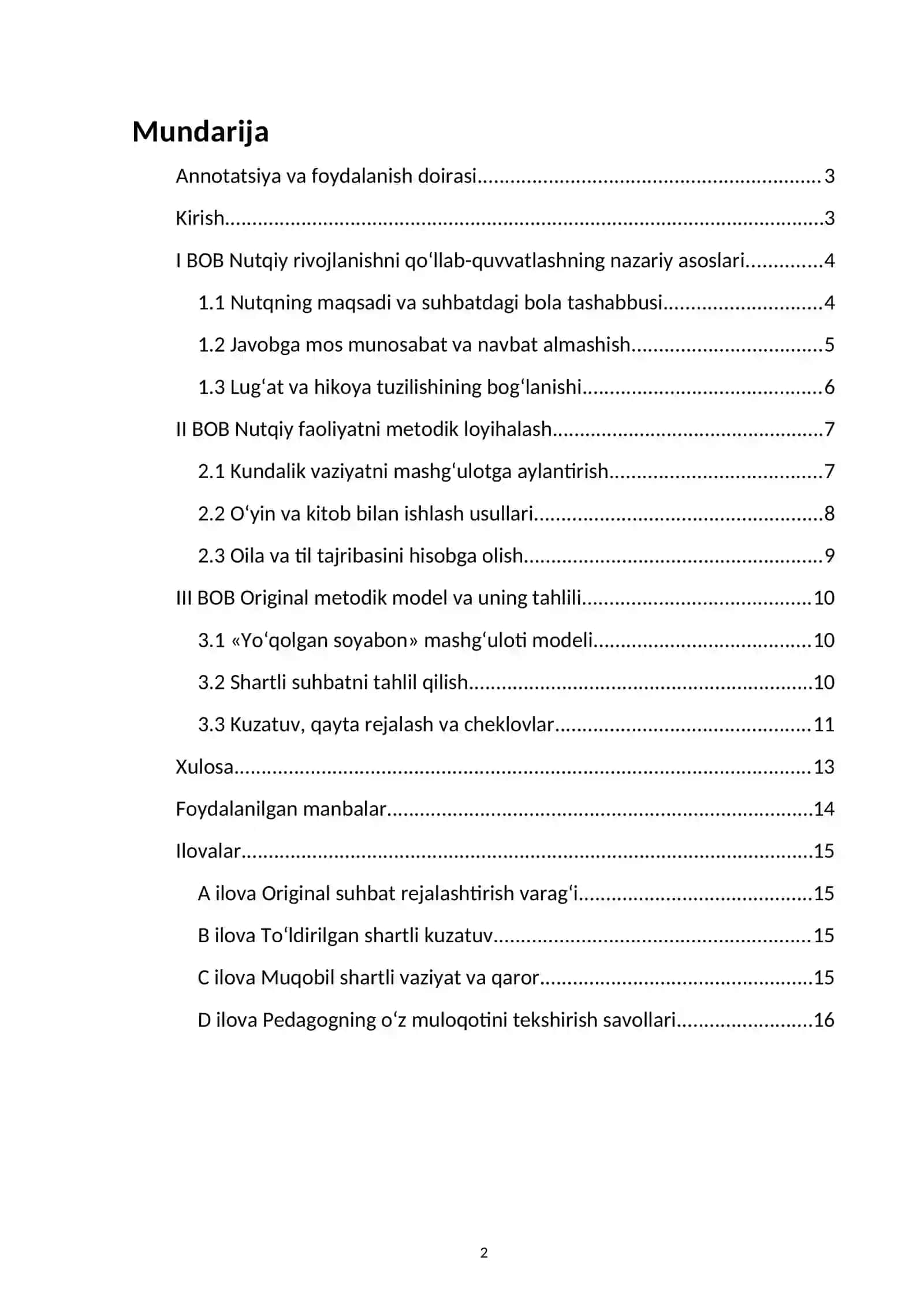 Bolalar nutqini kundalik muloqot va o‘yin orqali rivojlantirish metodikasi — kurs ishi namunasi 2