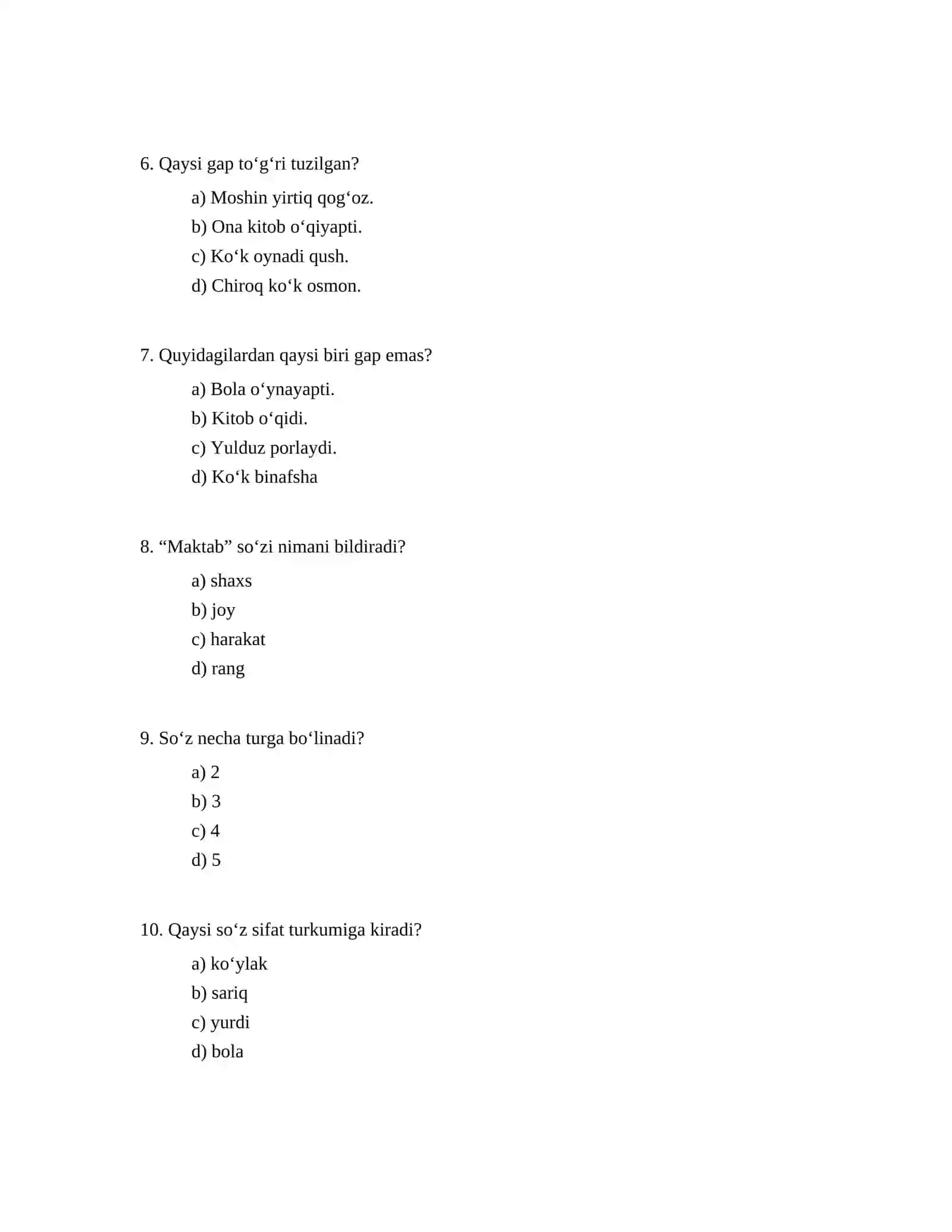 1-sinf ona tili test 2