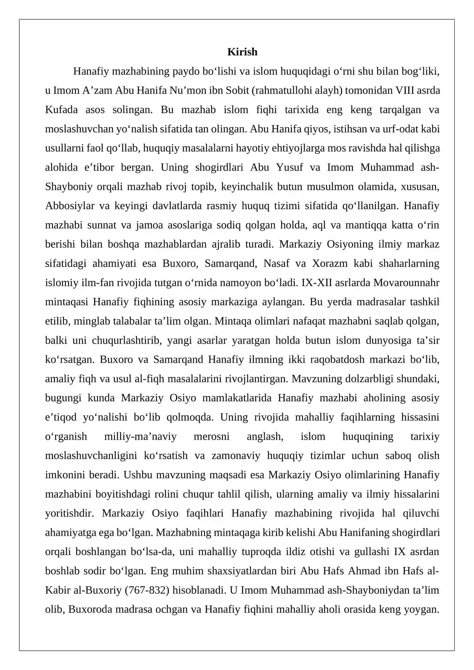 Hanafiy mazhabi rivojida Markaziy Osiyo faqihlarining roli va hissasi 2