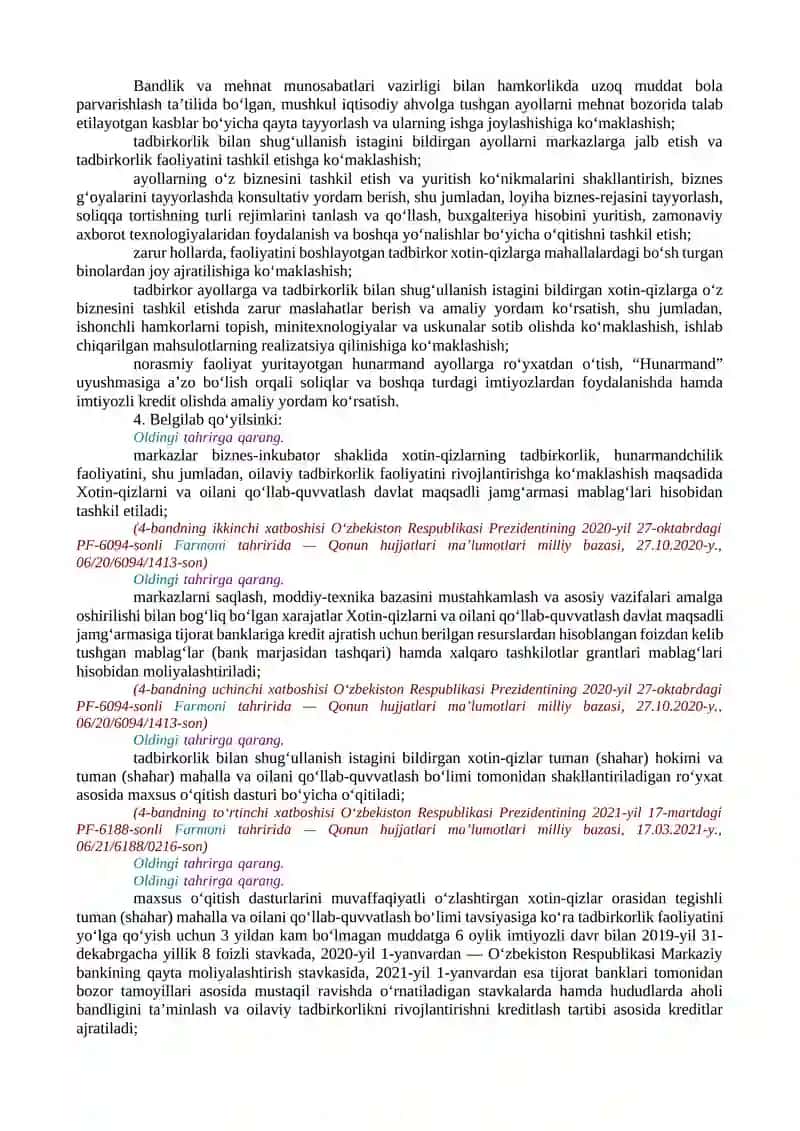 XOTIN-QIZLARNING MEHNAT HUQUQLARI KAFOLATLARINI YANADA KUCHAYTIRISH VA TADBIRKORLIK FAOLIYATINI QO‘LLAB-QUVVATLASHGA OID CHORA-TADBIRLAR TO‘G‘RISIDA 2