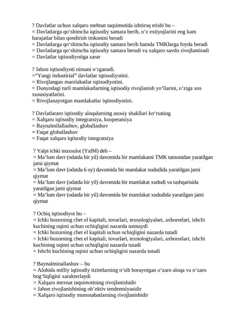 Jahon Iqtisodiyoti fanidan yakuniy test savollari 2