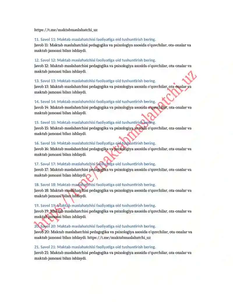 Maktab maslahatchisi test savollari javob kalitlari bilan 2