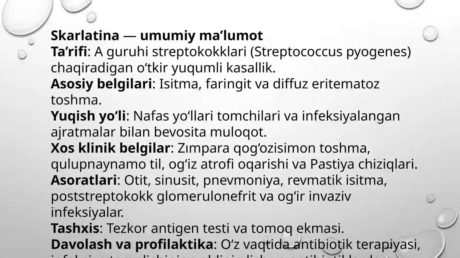 Skarlatina: etiologiyasi, klinik belgilari, diagnostikasi va davolash — 16 slayd 2