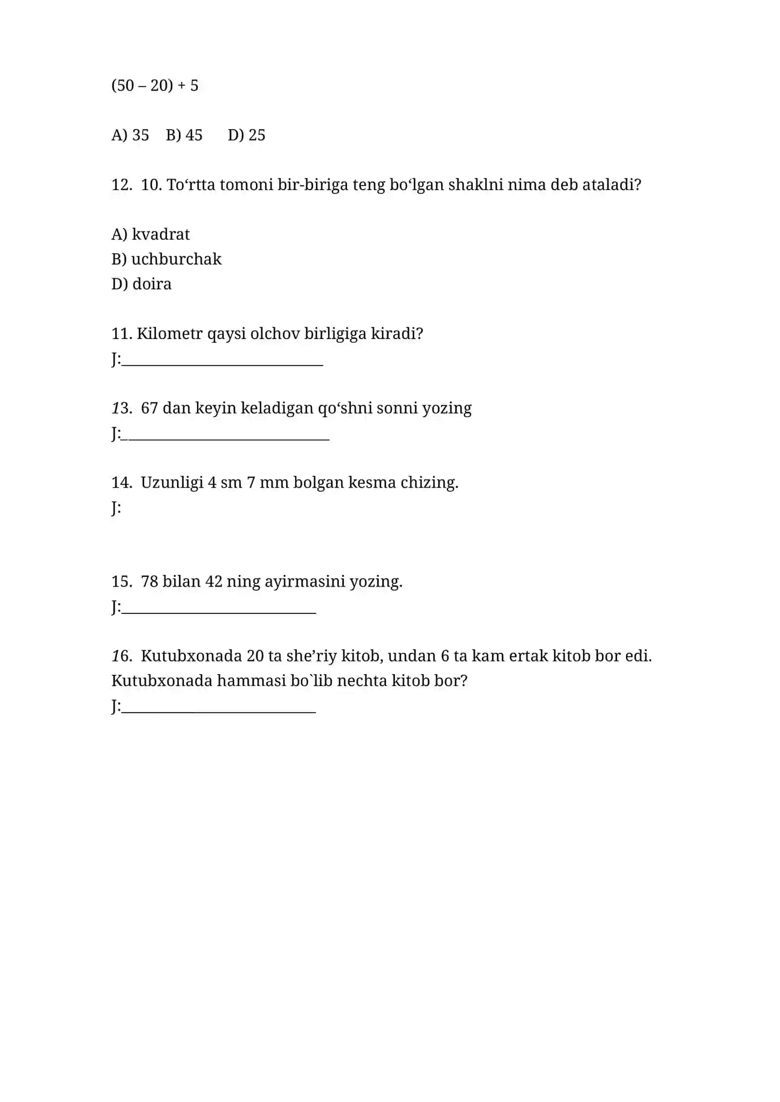 1-sinf matematika Test 2