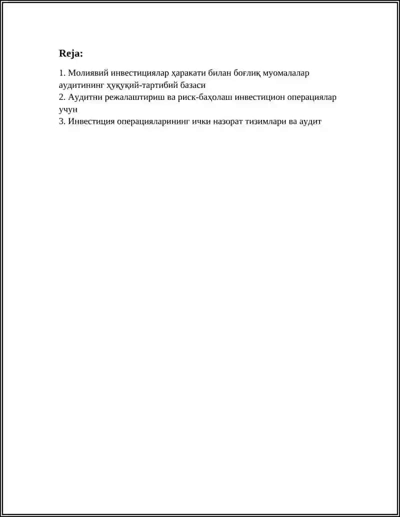 Молиявий инвестициялар ҳаракати билан боғлиқ муомалалар аудитининг ҳуқуқий-тартибий базаси 2