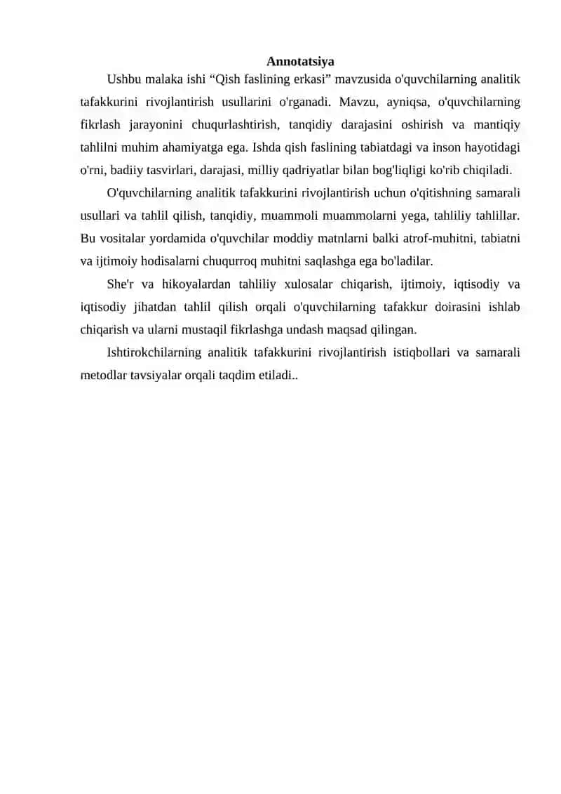 Qish faslining erkasi mavzusida o'quvchining analitik tafakkurini rivojlantirish usullari mavzusidagi MIKRODARS ISHLANMASI 2