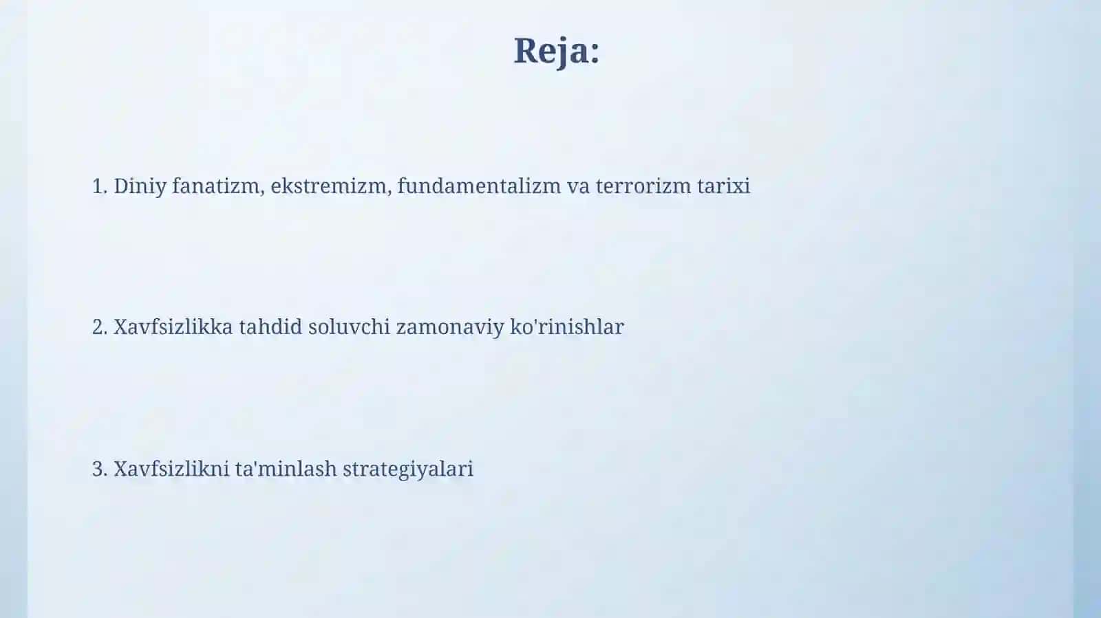 Diniy fanatizm ekstremizm fundamentalizm terrorizm tarixi hozirgi kunda xavfsizlikga tahdidi 2
