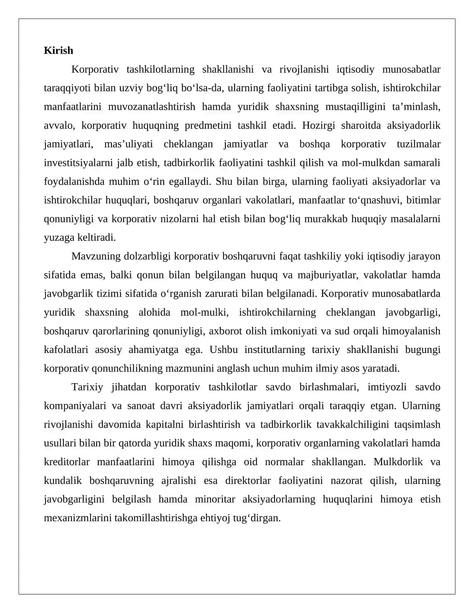 Korporativ tashkilotlarning tarixiy rivojlanishi va qiyosiy modellari: kontinental hamda anglo-sakson yondashuvlarining O‘zbekiston korporativ boshqaruviga ta’siri 2