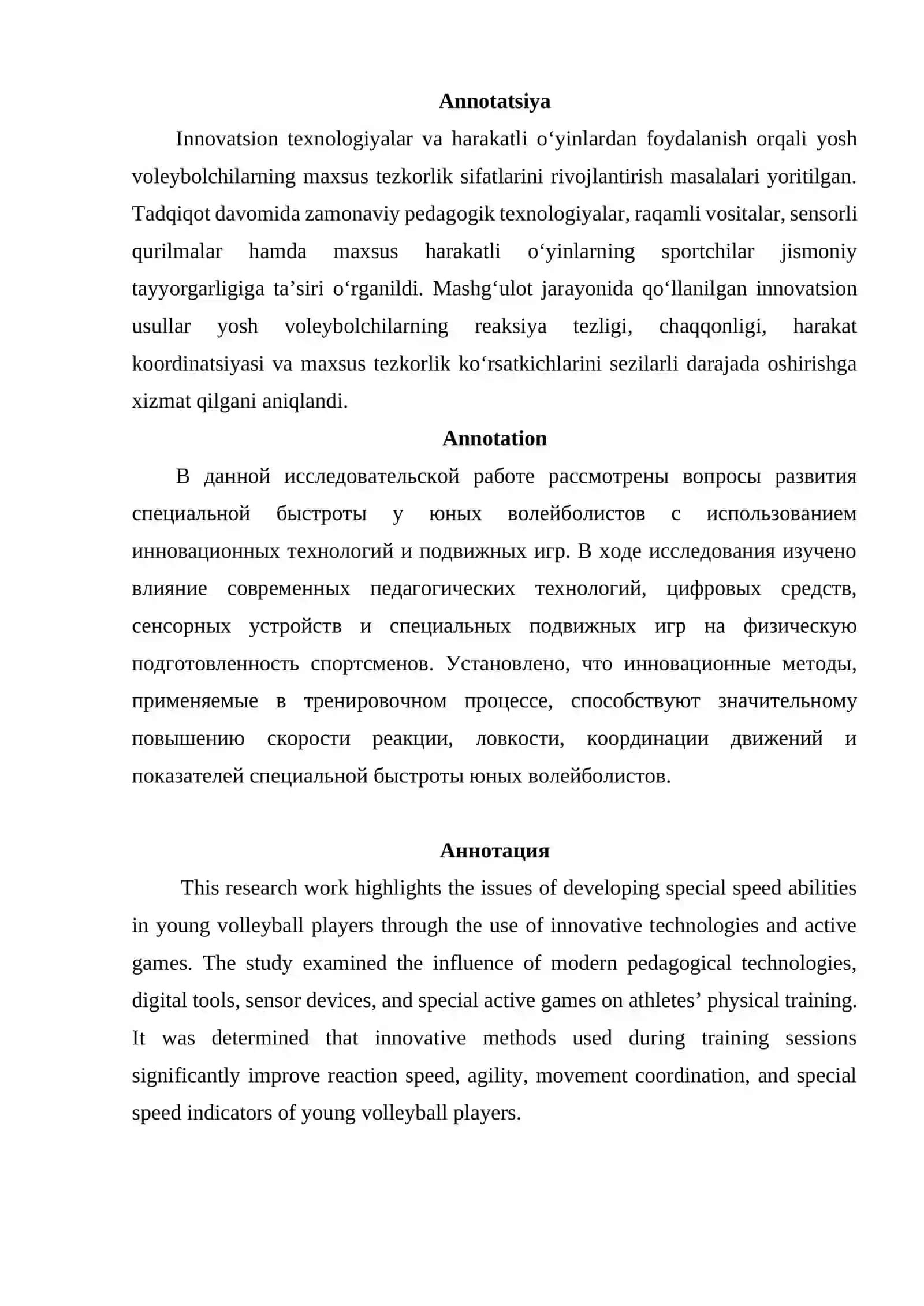Innovatsion texnologiyalar va harakatli o‘yinlardan foydalanib yosh voleybolchilarning maxsus tezkorligini oshirish 2
