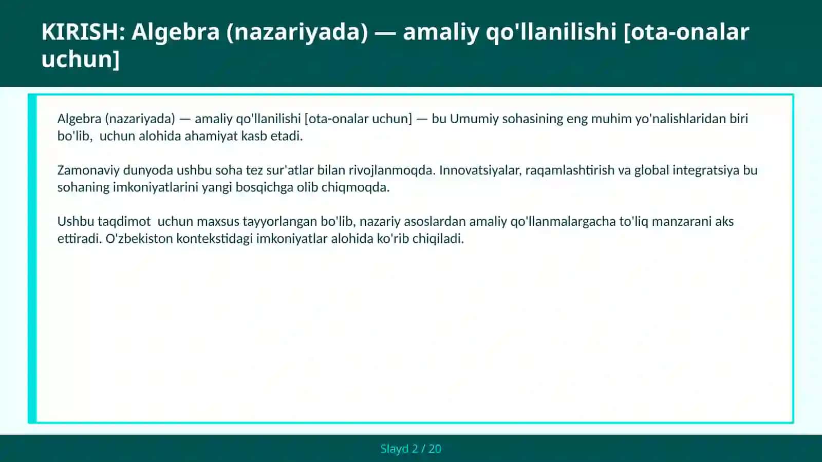 Algebra (nazariyada) — amaliy qo'llanilishi [OTA-ONALAR UCHUN] 2