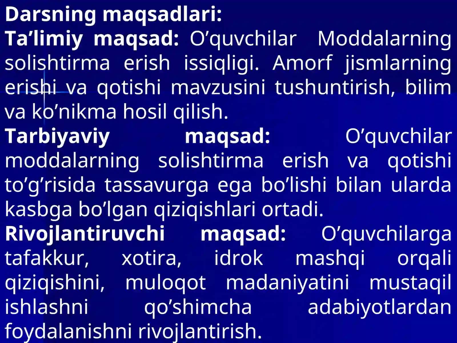 Moddalarning solishtirma erish issiqligi. Amorf jismlarning erishi va qotishi 2