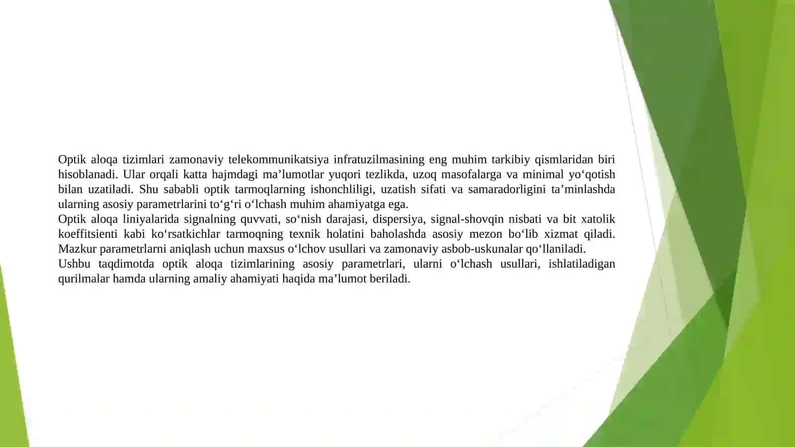 Optik aloqa tizimlari va tarmoqlari parametrlari hamda xarakteristikalarini o‘lchash usullari va vositalari 2