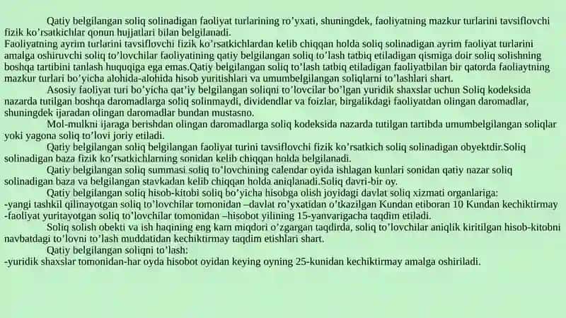 Qatiy belgilangan soliq to'lashning xususiyatlari 2