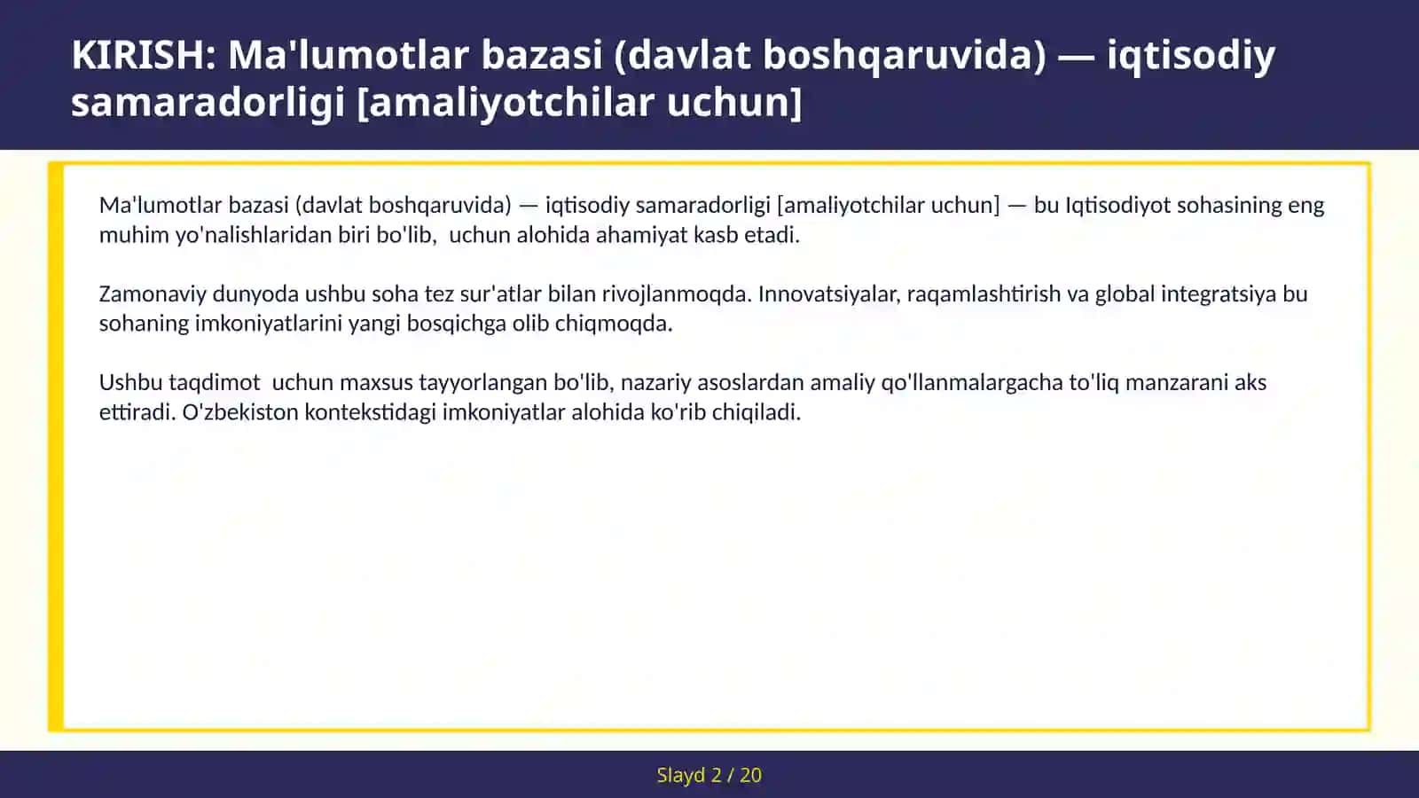 Ma'lumotlar bazasi (davlat boshqaruvida) — iqtisodiy samaradorligi [amaliyotchilar uchun] 2