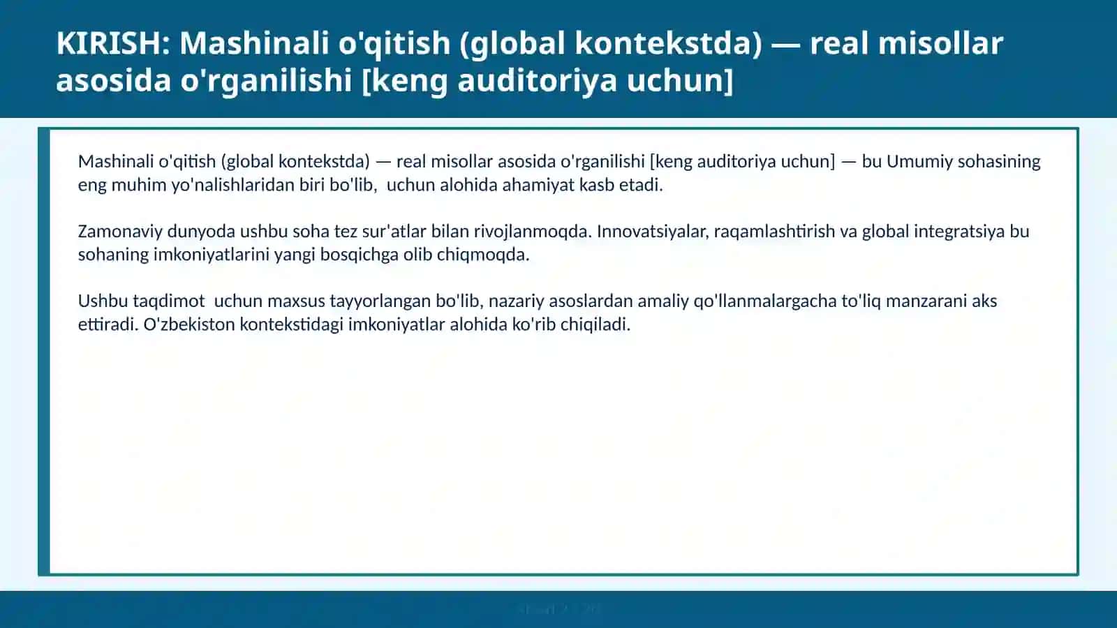 Mashinali o'qitish (global kontekstda) — REAL MISOLLAR ASOSIDA O'RGANILISHI [KENG AUDITORIYA UCHUN] 2