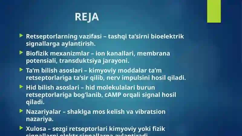 Retseptorlarda informatsiyalarni o’zgartirilishining biofizikaviy mexanizmlari. Ta’m va hid bilish nazaryasining biofizikaviy asoslari 2