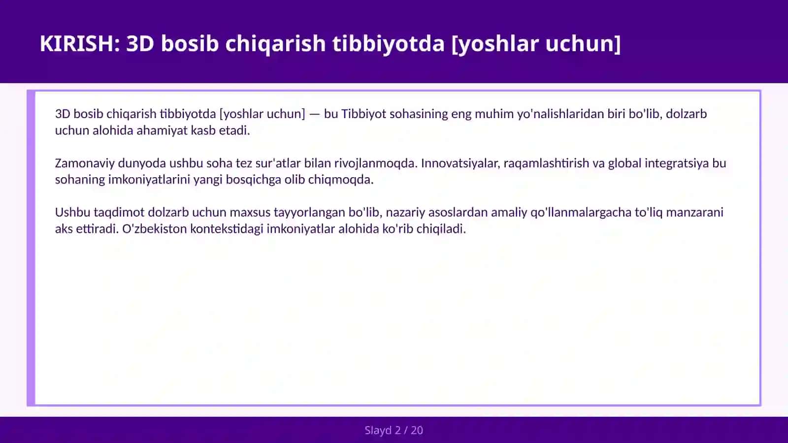 3D bosib chiqarish tibbiyotda [yoshlar uchun] 2
