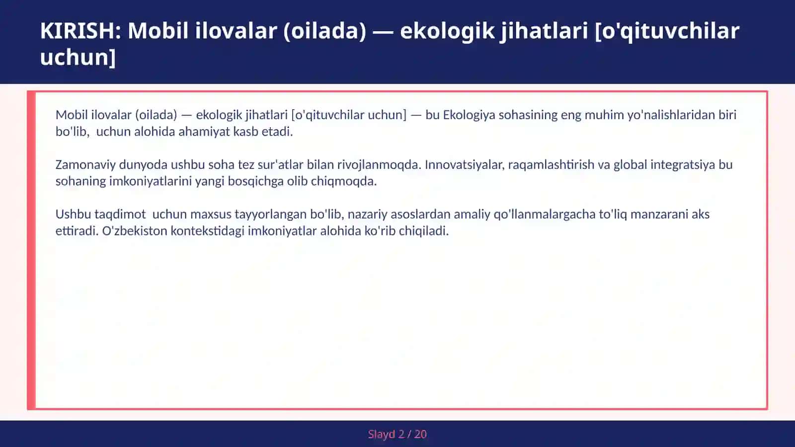 MOBIL ILOVALAR (OILADA) — EKOLOGIK JIHATLARI [O'QITUVCHILAR UCHUN] 2