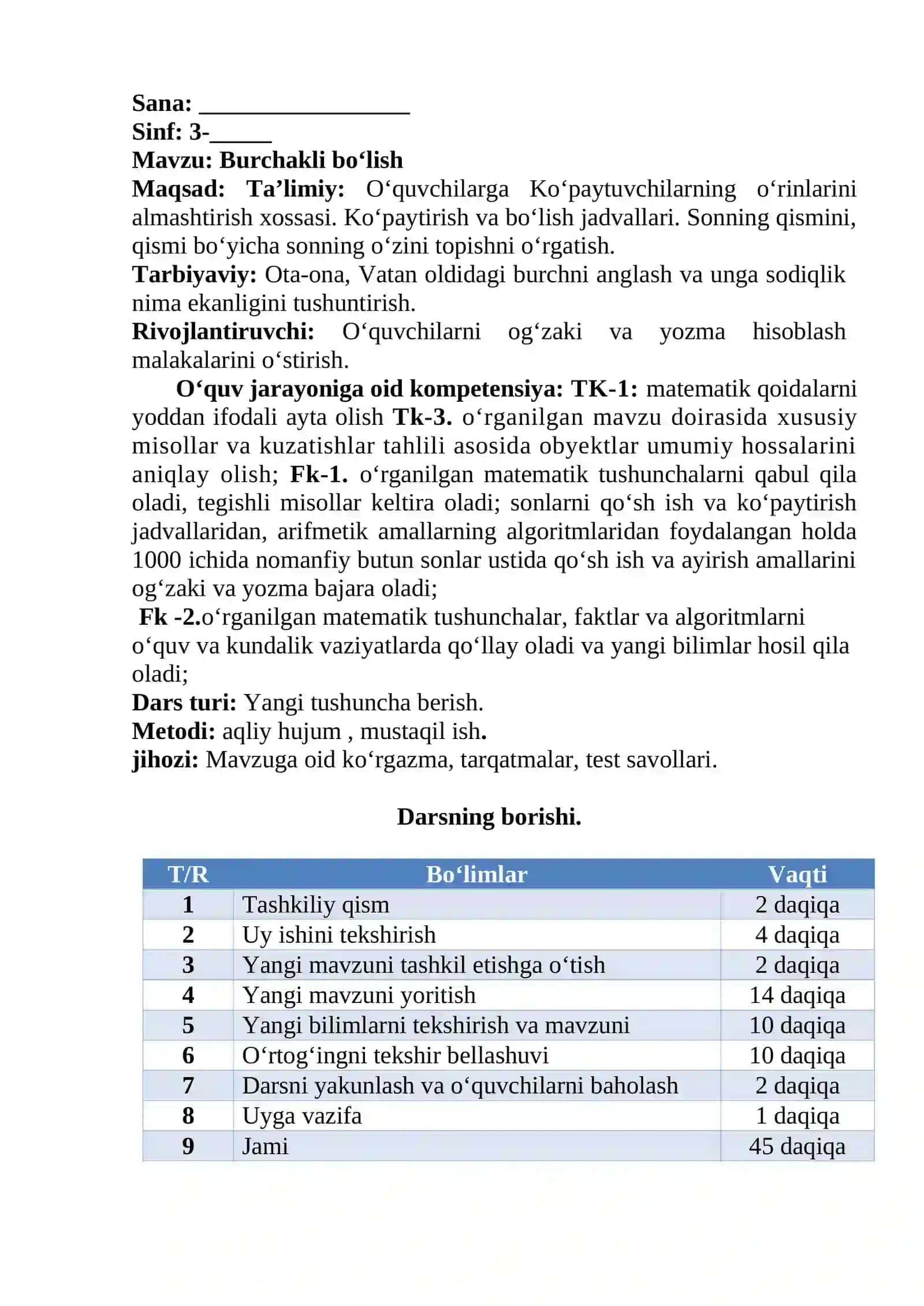 3-sinf matematika fanidan Burchakli bo'lish 2-chorak uchun dars ishlanma 2