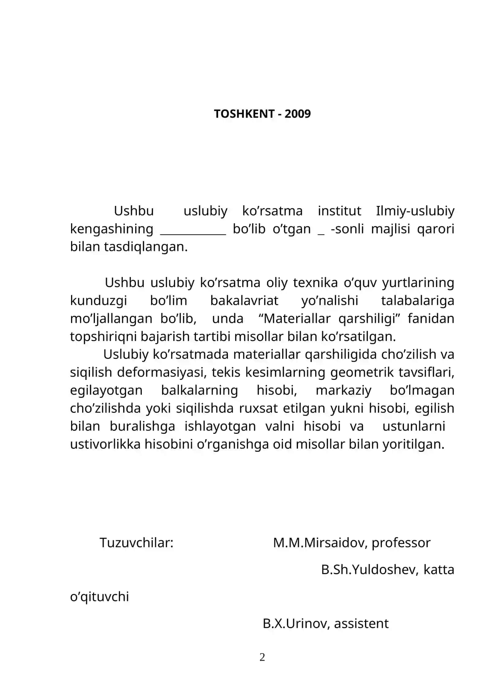 “MАTЕRIАLLАR QАRSHILIGI” fаnidаn mustаqil tоpshiriqlаrni bаjаrish bo’yichа uslubiy ko’rsаtmа III- qism 2