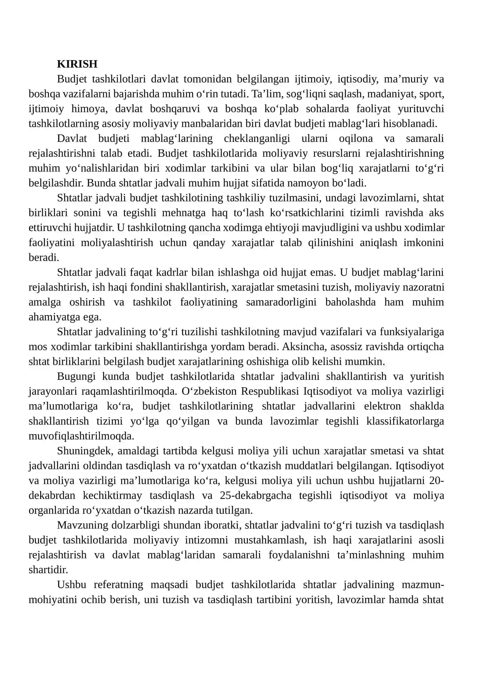 BUDJET TASHKILOTLARIDA SHTATLAR JADVALINI TUZISH VA TASDIQLASH TARTIBI 2
