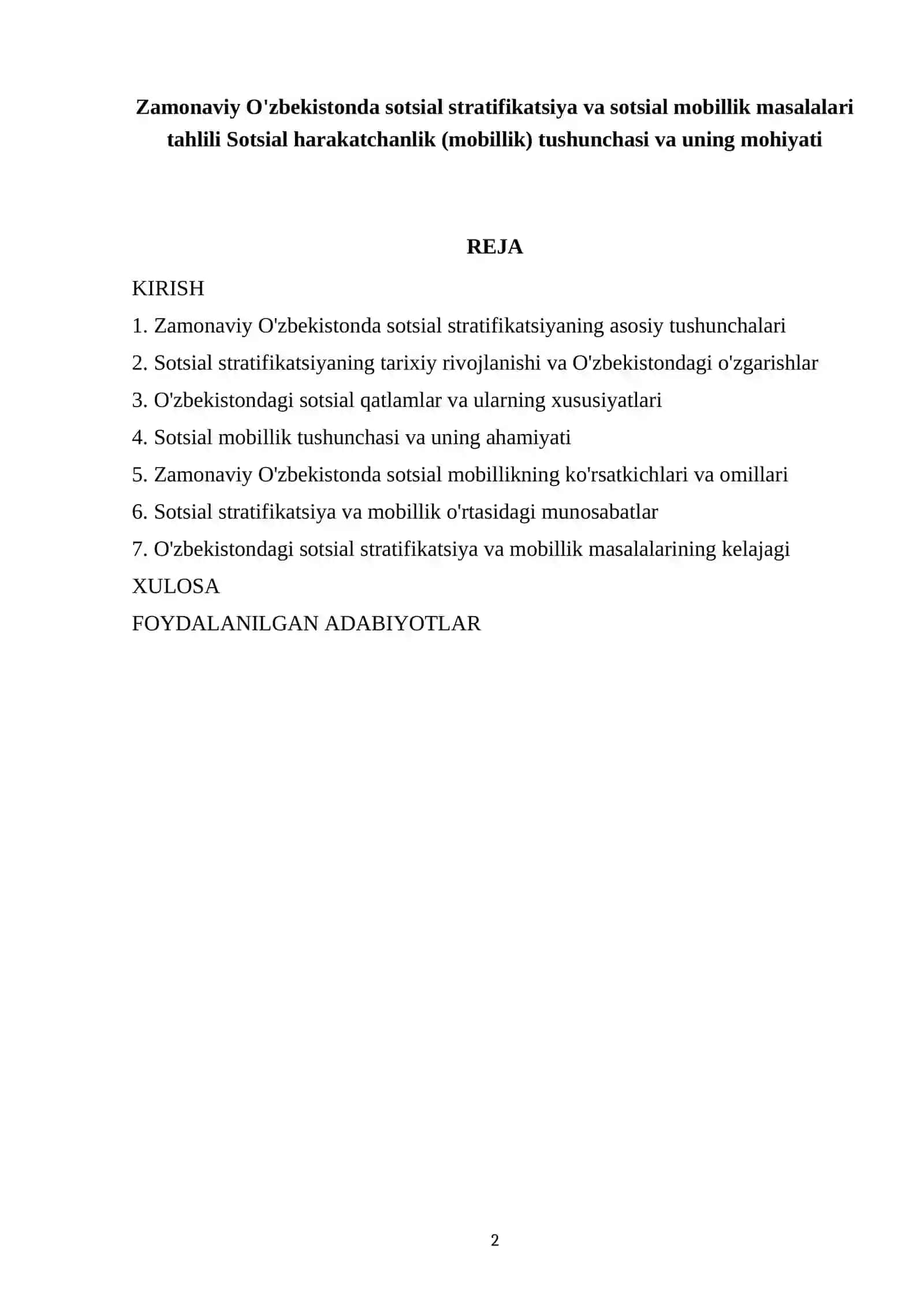 Zamonaviy O'zbekistonda sotsial stratifikatsiya va sotsial mobillik masalalari tahlili Sotsial harakatchanlik (mobillik) tushunchasi va uning mohiyati 2